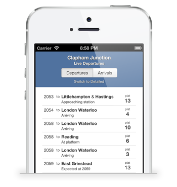 Clapham Junction departure board on an iPhone